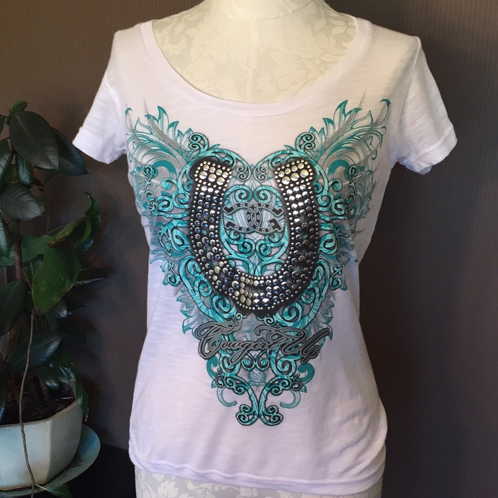 Cowgirl up‎ white small T-shirt horse shoe design